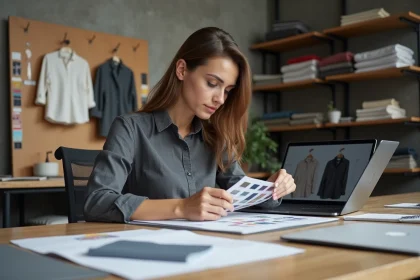 Graphiste étudiant des épreuves d'impression de logo de marque de vêtements sur un bureau de studio professionnel