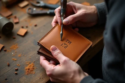 Artisan gravant des initiales sur un portefeuille en cuir tan sur un établi de bois, outil de gravure en main, copeaux de cuir visibles