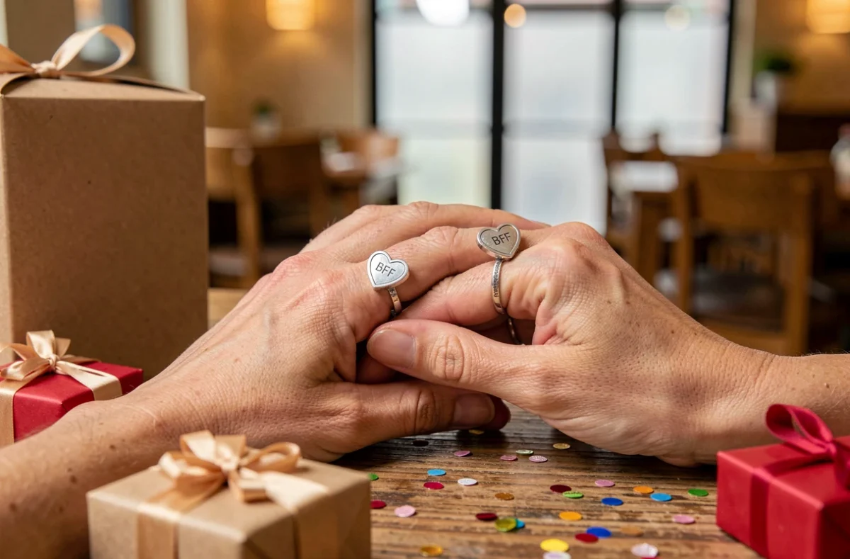 Gros plan sur deux mains portant des bagues amitié coeur BFF assorties posées sur une table en bois entourée de cadeaux d'anniversaire et de confettis