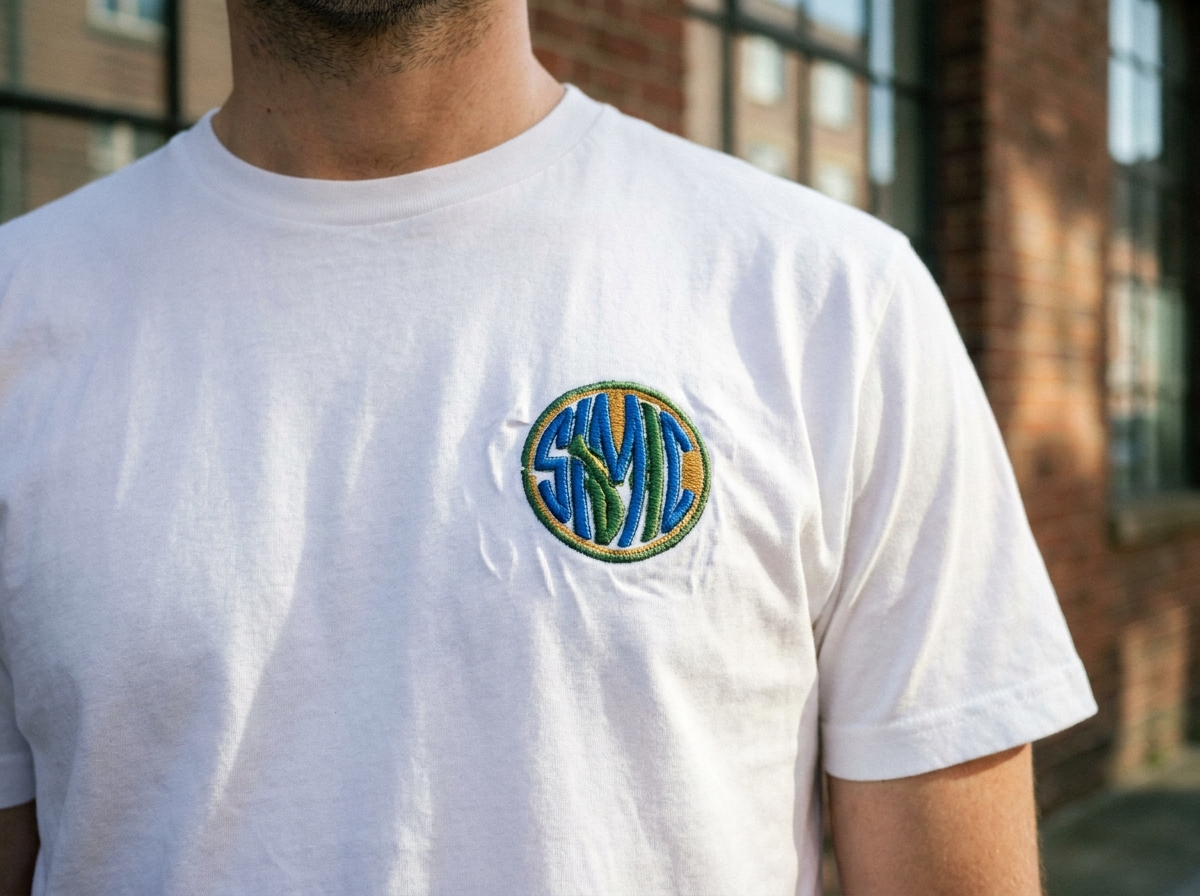 Gros plan sur la broderie d'un tee-shirt blanc porté par un homme en milieu urbain