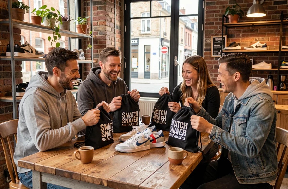 Groupe de collectionneurs bretons comparant leurs sneakers Snatch autour d'une table dans un café à Brest