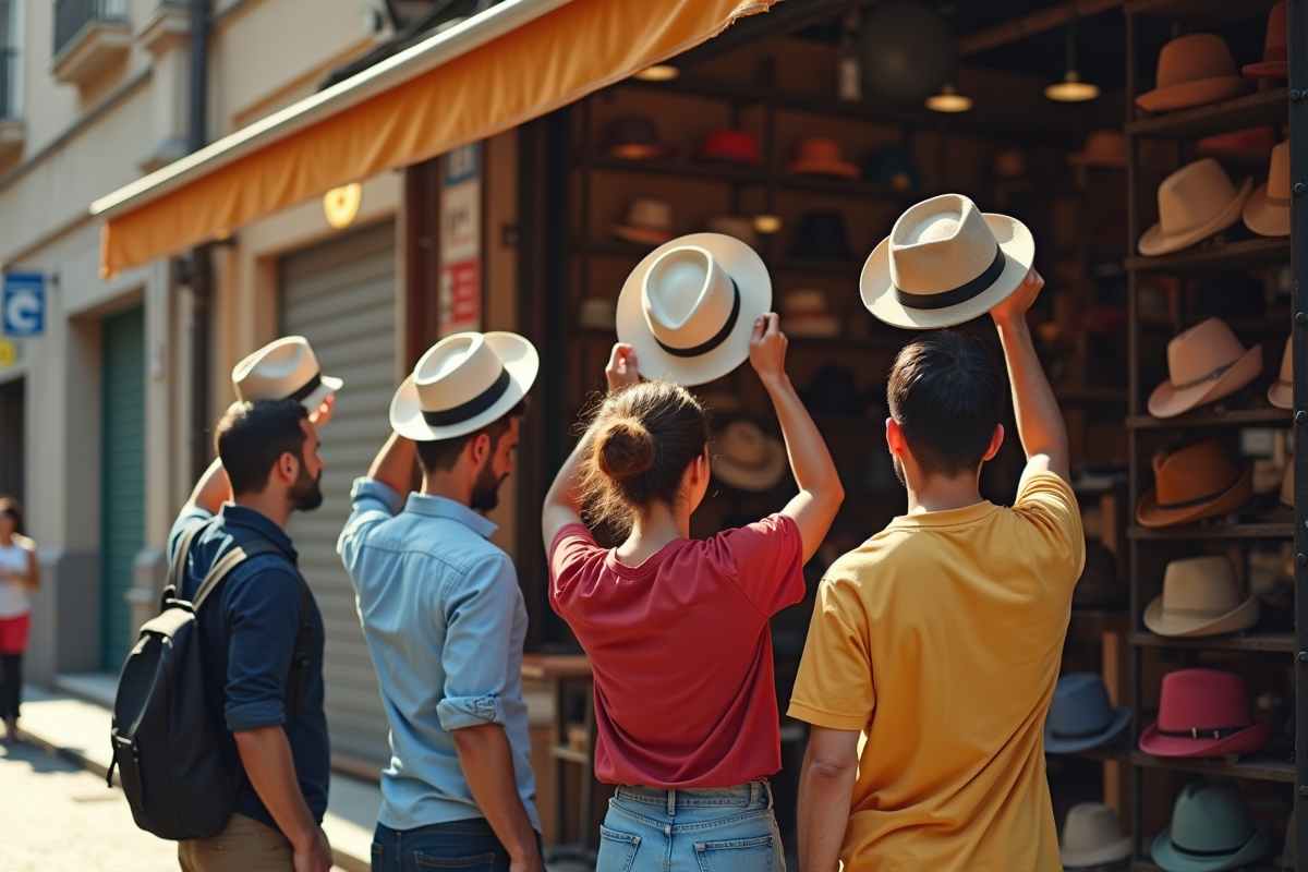 Groupe de personnes devant une vitrine de chapeaux en ville ensoleillée