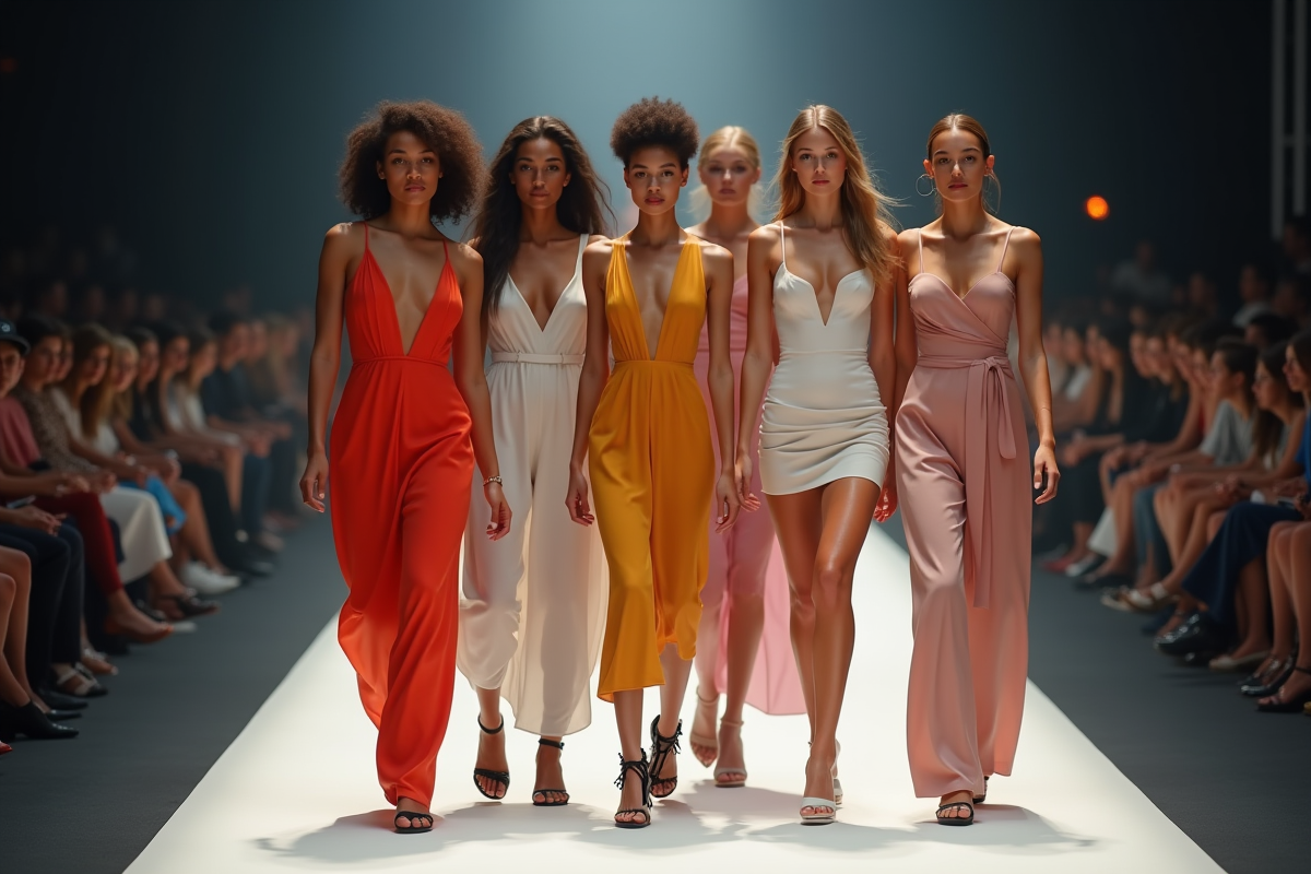 Groupe de mannequins défilant avec des tenues élégantes sur le runway