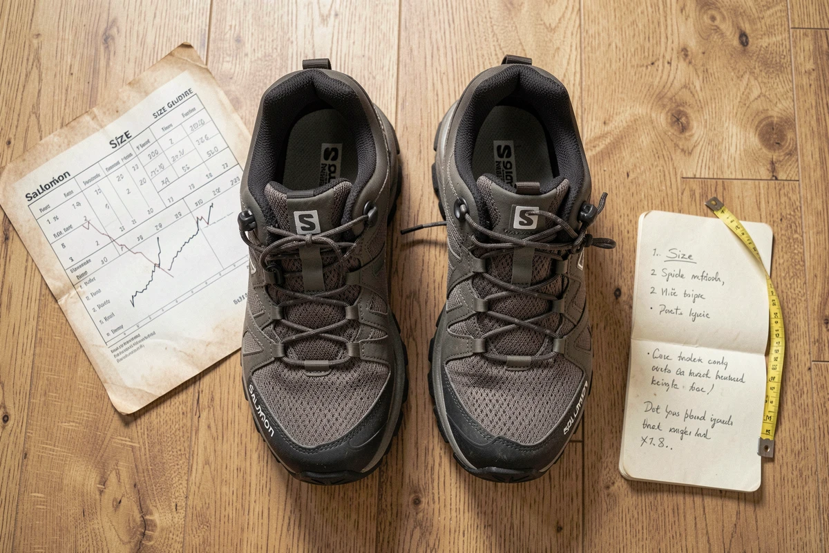 Guide des tailles chaussures Salomon avec tableau de pointures et chaussures de randonnée posées à plat