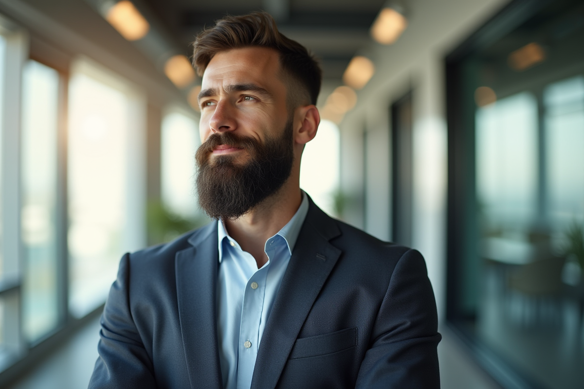 Homme d'affaires confiant avec barbe bien taillée dans un bureau moderne