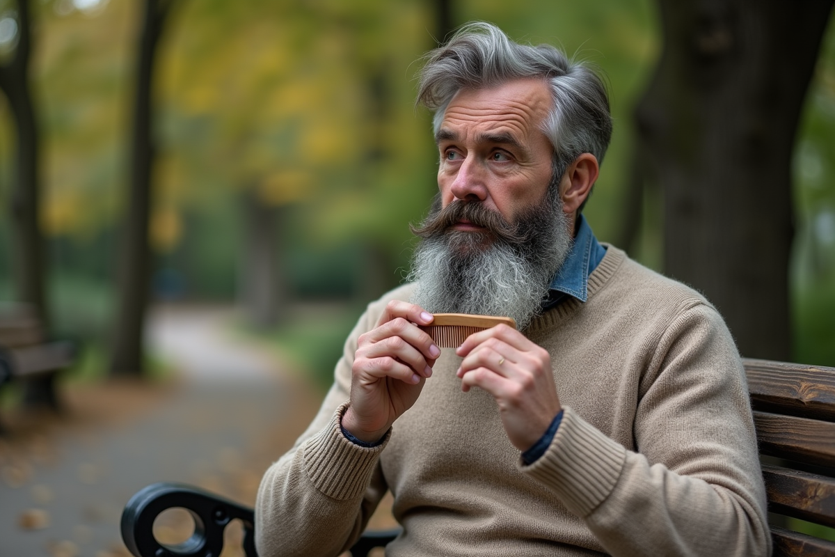 Homme barbu assis dans un parc avec peigne