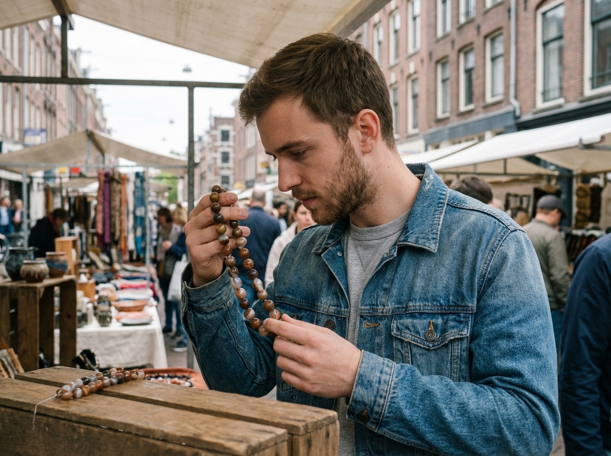 Jeune homme examinant un collier de pierres dans un march&eacute; artisanal