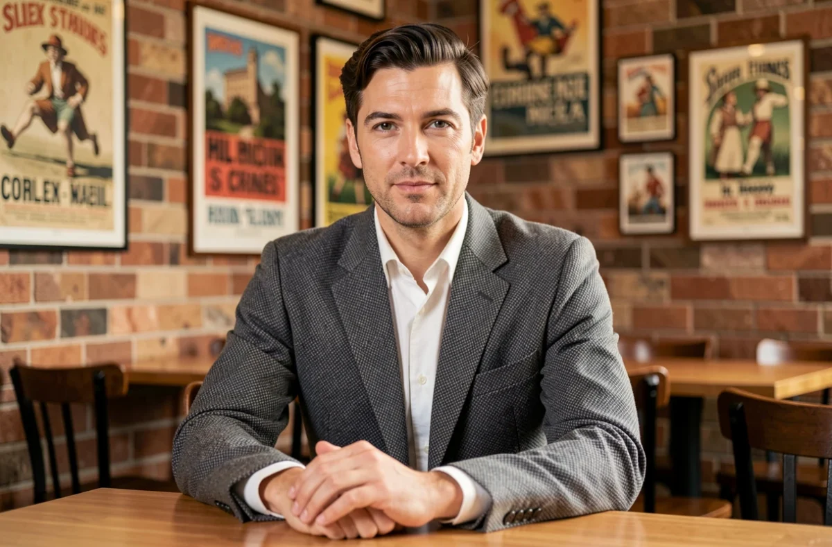 Homme en blazer vintage gris années 60 style mod assis dans un café rétro