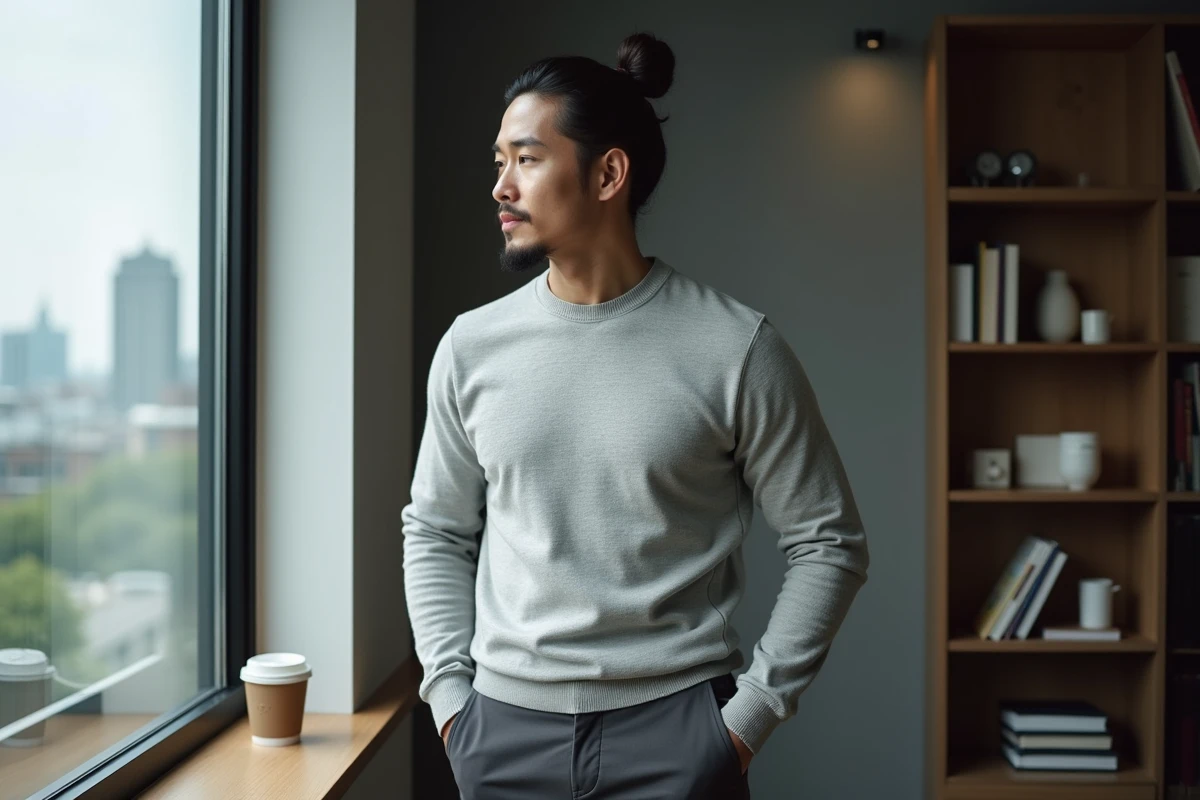 Homme décontracté au bureau avec vue urbaine pour l