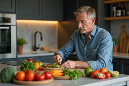 Homme en cuisine préparant une salade vegan colorée