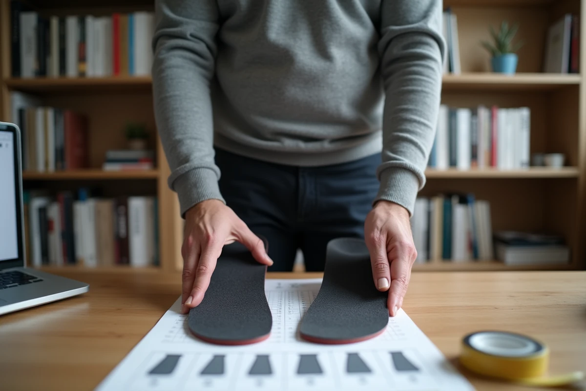 Homme comparant deux semelles de chaussure de tailles différentes sur un guide de pointures imprimé