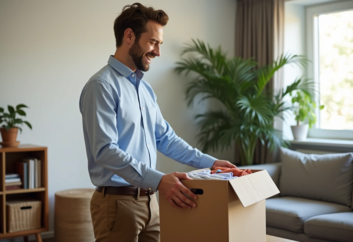 Homme emballant des vêtements dans un salon lumineux et accueillant