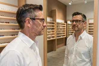 Homme élégant en chemise blanche essayant des lunettes de vue rectangulaires en écaille dans une boutique d'optique minimaliste