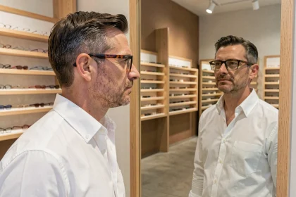 Homme élégant en chemise blanche essayant des lunettes de vue rectangulaires en écaille dans une boutique d'optique minimaliste
