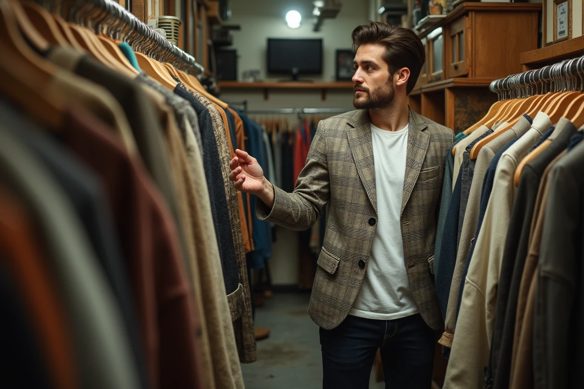 Jeune homme stylé fouillant dans une friperie parisienne portant un blazer à carreaux style mod années 60 et un jean contemporain