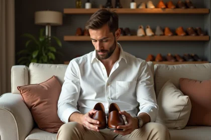 Homme en chemise blanche examine des babouches en cuir