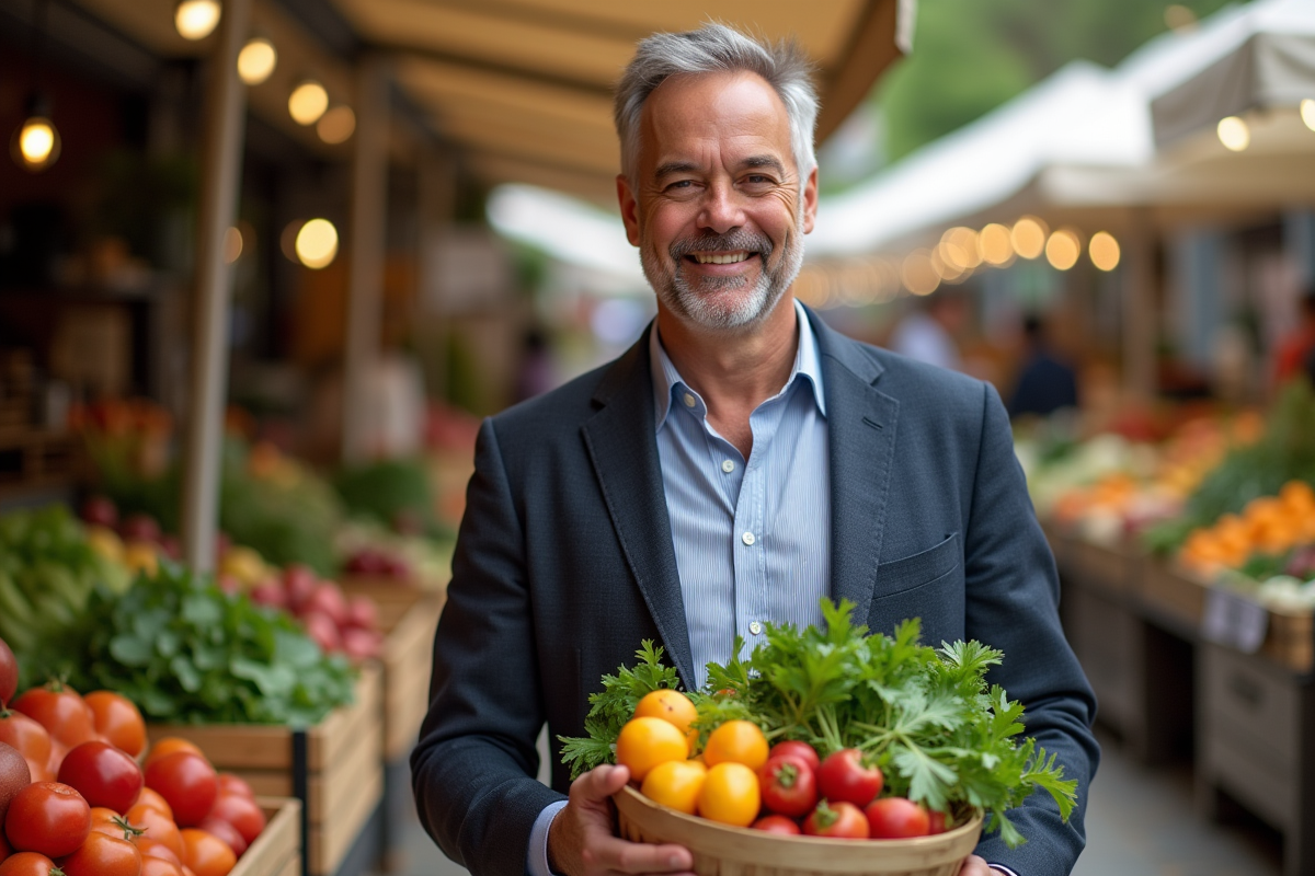 Homme souriant au marché avec panier de fruits bio