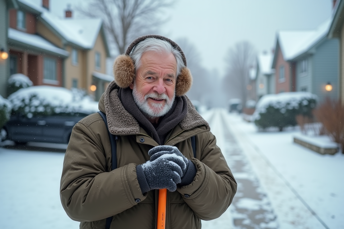 Homme âgé en hiver préparant la pelle à neige dans la rue