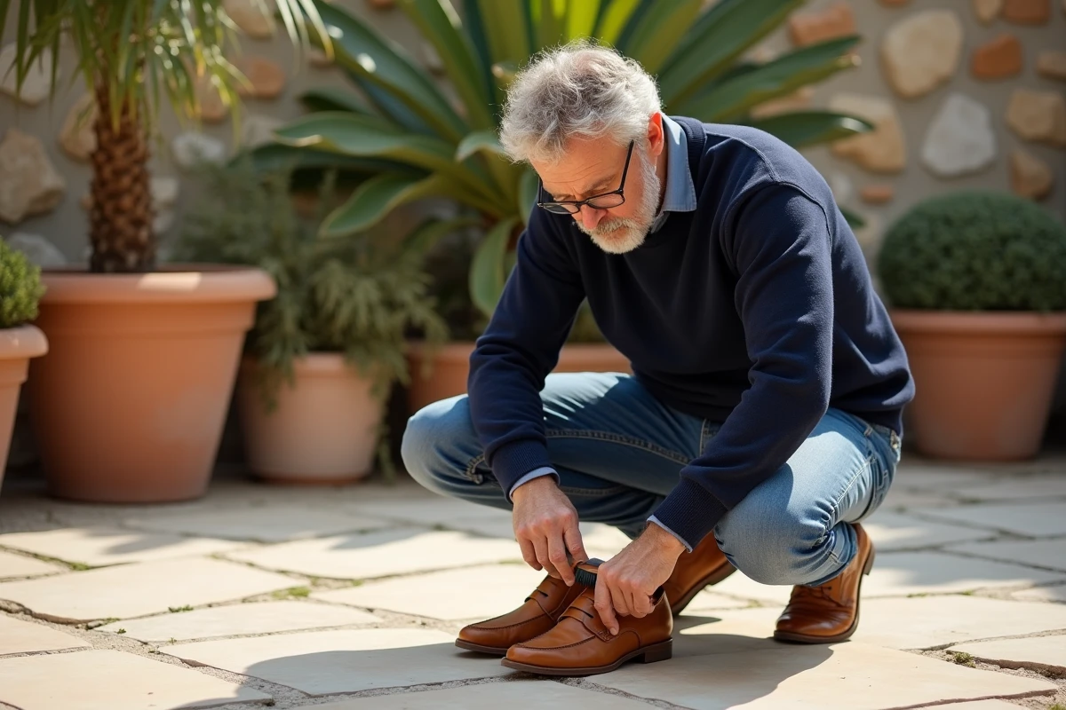 Homme nettoie des babouches en cuir sur un patio extérieur