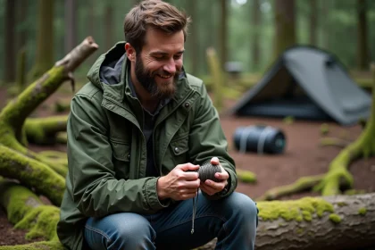 Homme barbu en randonn&eacute;e ajustant un bracelet paracord
