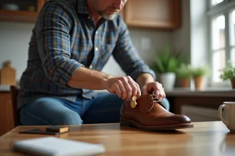 Homme d'âge moyen ajustant un étireur de chaussures en cuir