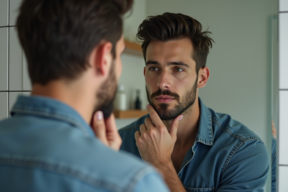 Jeune homme en réflexion devant miroir avec rasage