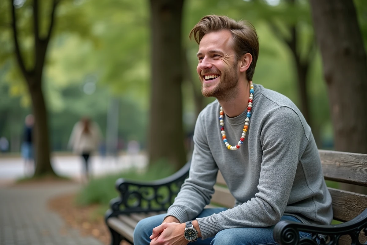 Homme blanc souriant avec un collier de perles dans un parc urbain