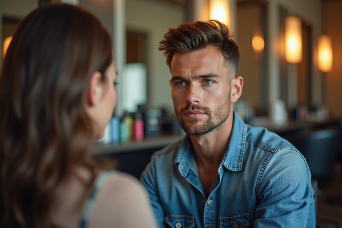 Homme en consultation avec un coiffeur dans un salon moderne