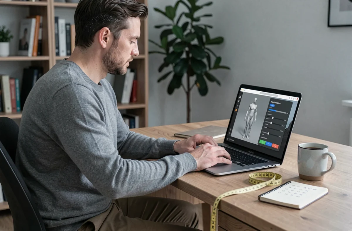 Homme configurant sa silhouette virtuelle avec ses mensurations sur un ordinateur portable pour passer des commandes de vêtements en ligne sans erreur de taille