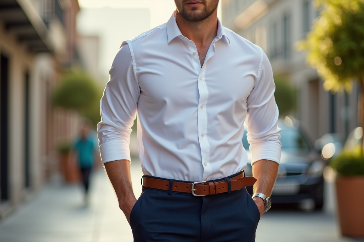 Homme élégant en chemise blanche et pantalon bleu en extérieur