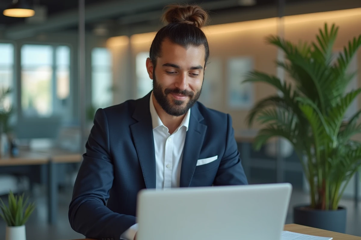 Homme en costume dans un bureau moderne pour l'article