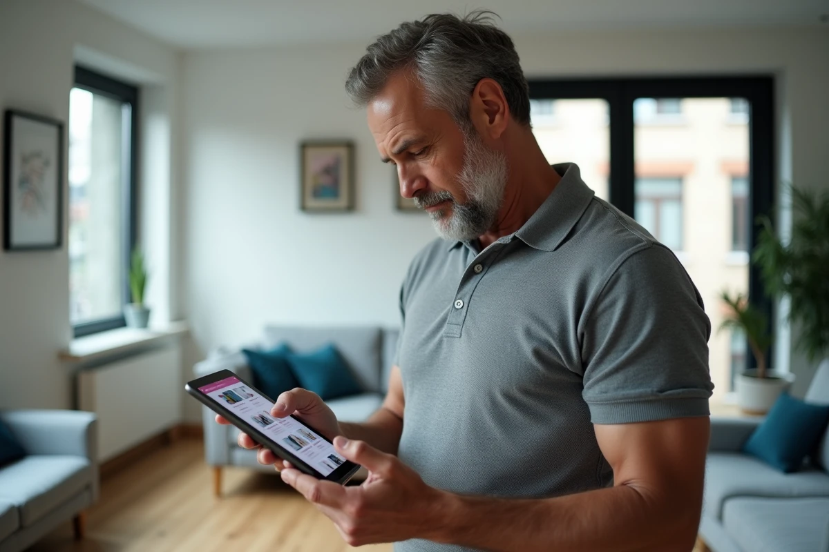 Homme consultant un site de déstockage en ligne sur une tablette dans un salon moderne