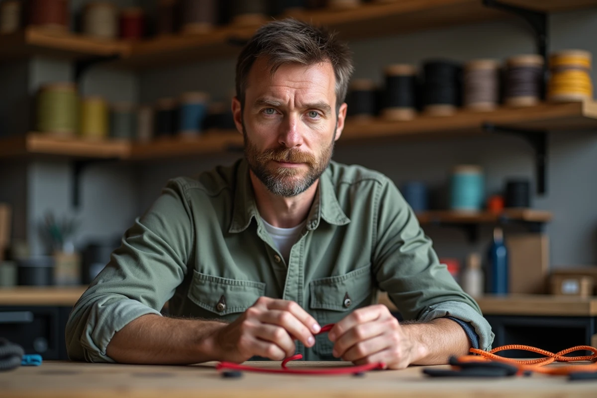 Homme fabriquant un bracelet en paracord au travail