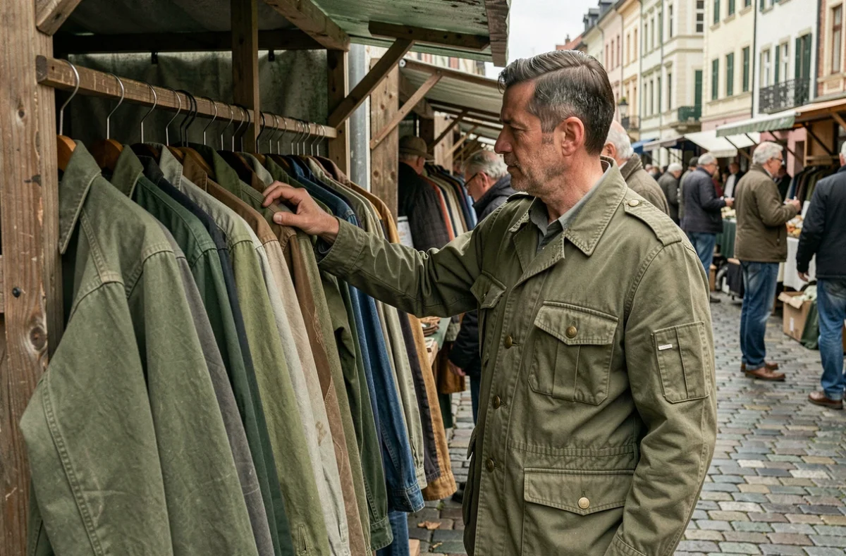 Homme en veste militaire vintage verte des années 80 au marché aux puces en plein air