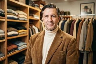 Homme en veste vintage corduroy marron des années 70 dans une boutique de vêtements rétro