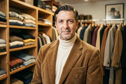 Homme en veste vintage corduroy marron des années 70 dans une boutique de vêtements rétro