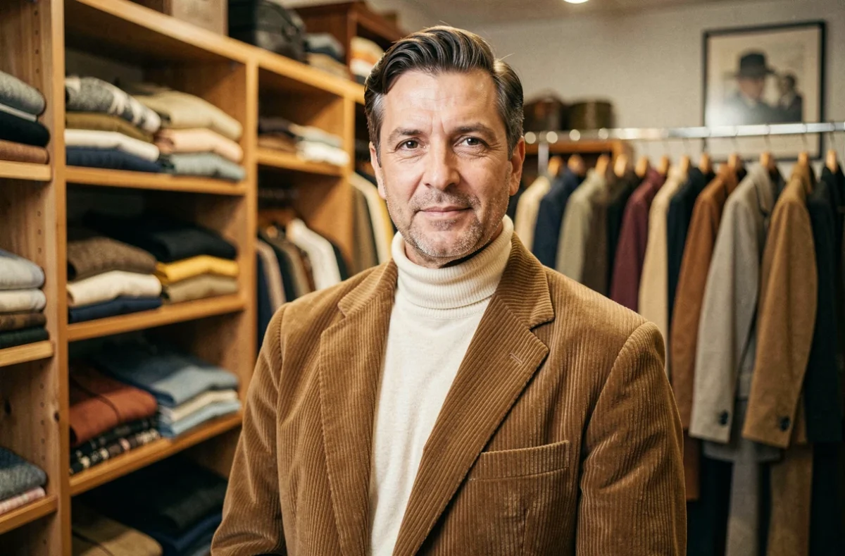 Homme en veste vintage corduroy marron des années 70 dans une boutique de vêtements rétro