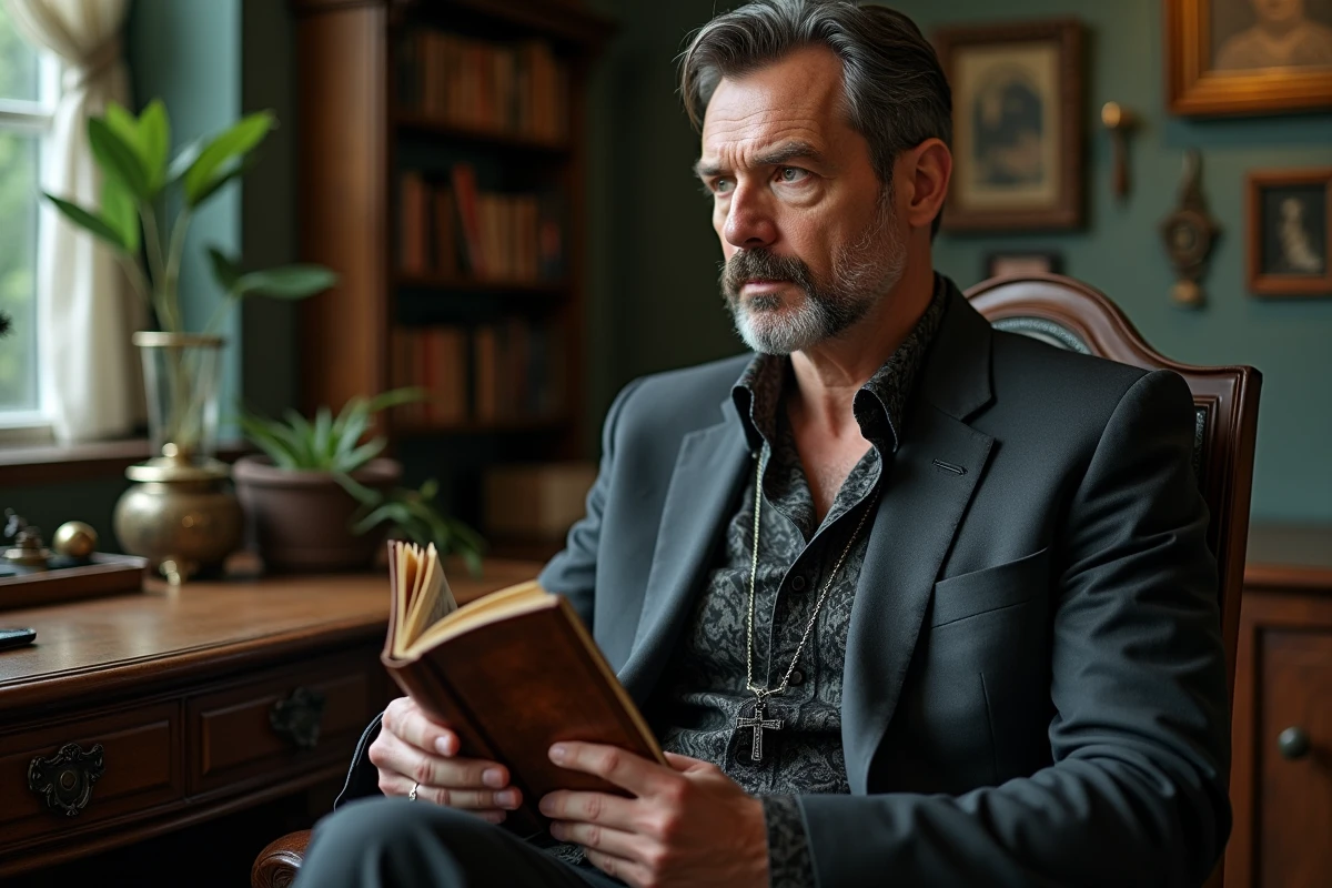 Homme en costume vintage dans une bibliothèque ancienne