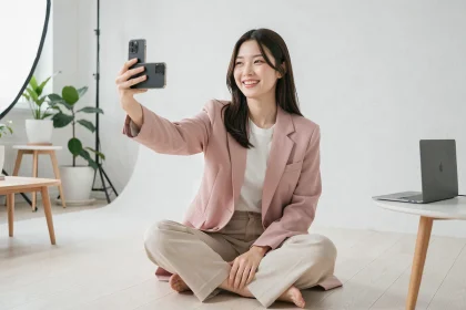 Jeune influenceuse coréenne filmant du contenu dans un studio minimaliste à Séoul, tenant son smartphone avec un sourire naturel