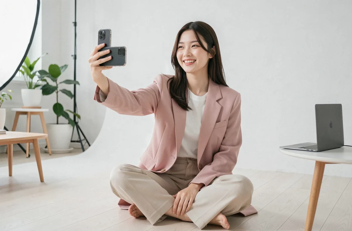 Jeune influenceuse coréenne filmant du contenu dans un studio minimaliste à Séoul, tenant son smartphone avec un sourire naturel