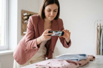 Jeune femme influenceuse mode filmant un flat-lay de vêtements avec son smartphone dans un studio minimaliste