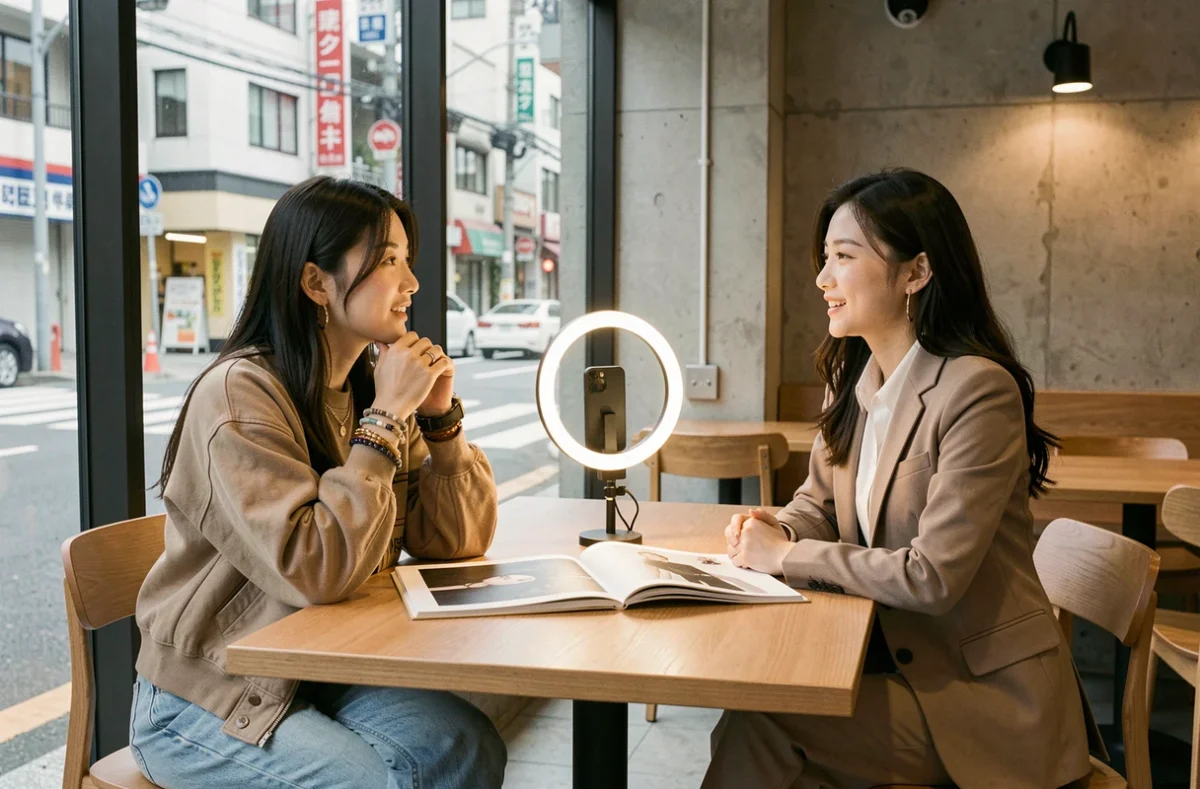 Deux jeunes femmes coréennes comparant les carrières d'influenceuse et de mannequin autour d'un portfolio et d'un smartphone dans un café moderne de Séoul