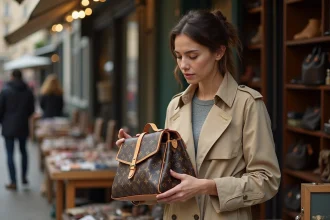 Femme inspectant de près les coutures et la ferronnerie d'un sac Louis Vuitton monogramme sur un marché vintage parisien