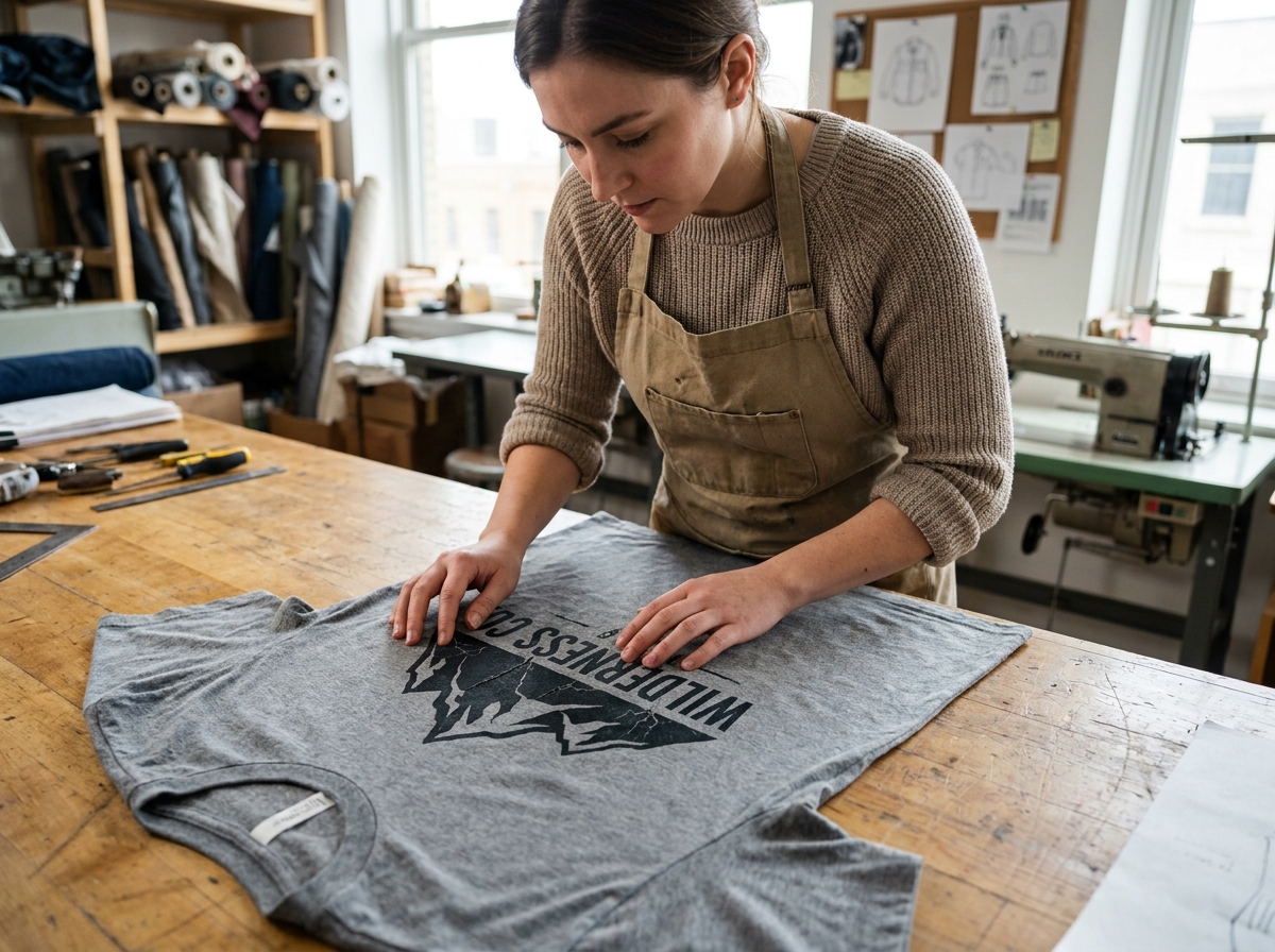 Femme inspectant un tee-shirt imprimé posé à plat dans un atelier de textile