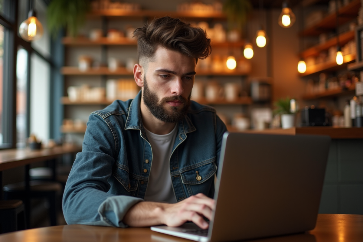 Jeune homme créatif avec barbe stylée travaillant au café chaleureux