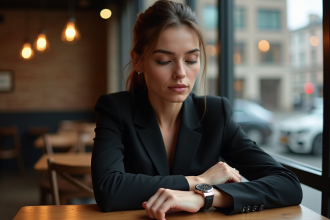 Jeune femme en blazer noir examine sa montre au café