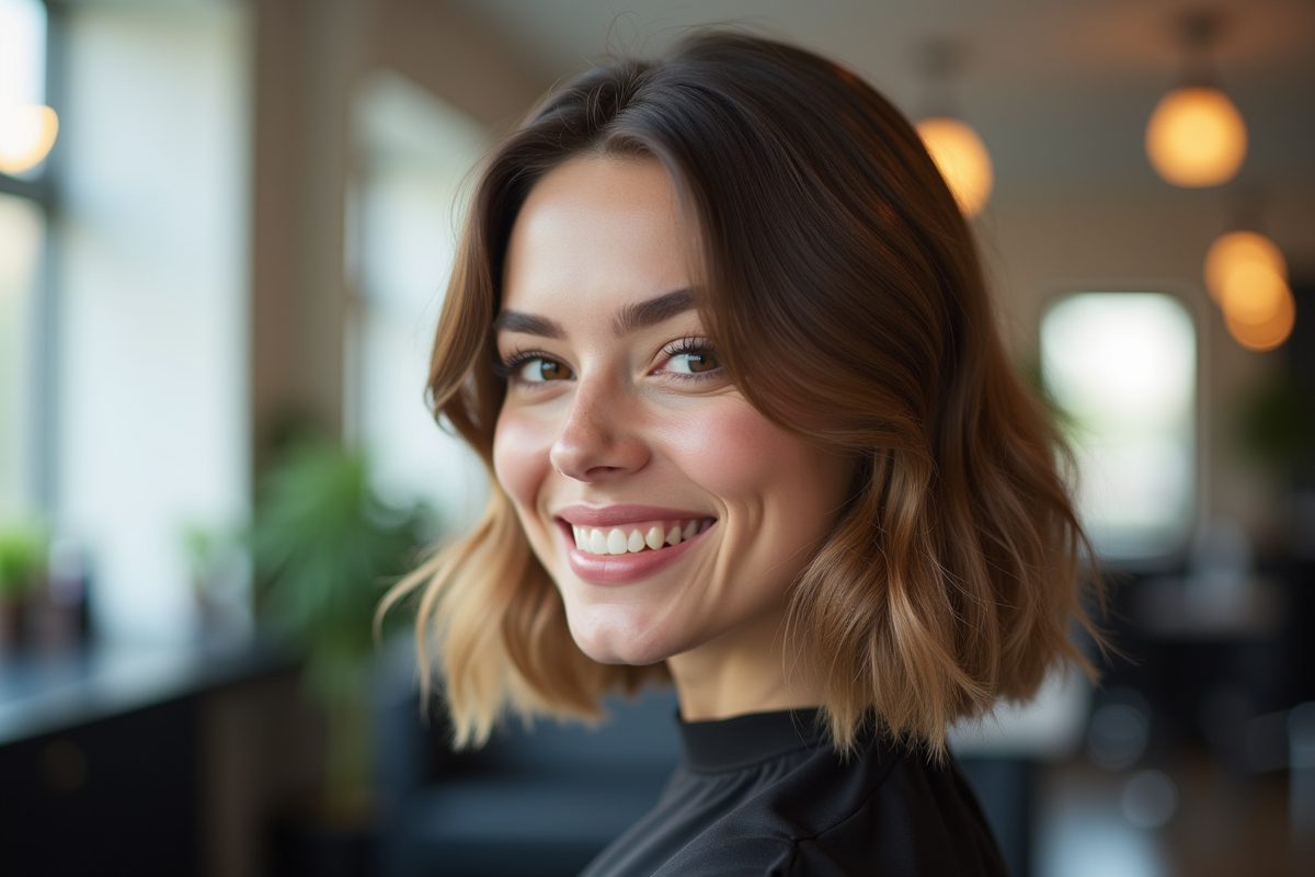 Jeune femme souriante avec coupe tendance dans un salon moderne