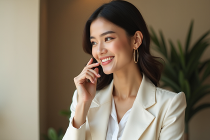 Jeune femme élégante portant boucles d'oreilles en or souriant