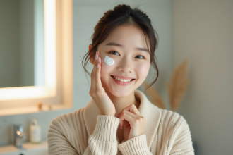 Jeune femme koreenne appliquant creme visage dans salle de bain