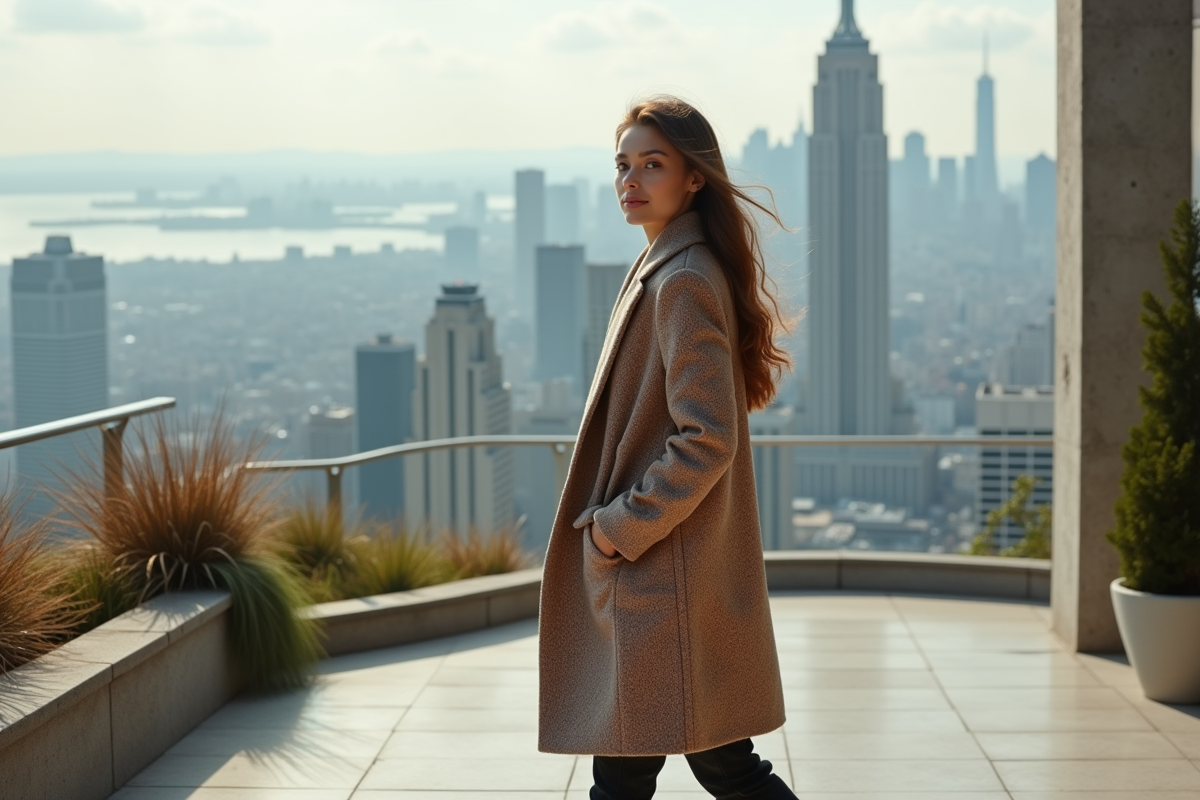Jeune femme chic portant un manteau coûteux sur une terrasse urbaine